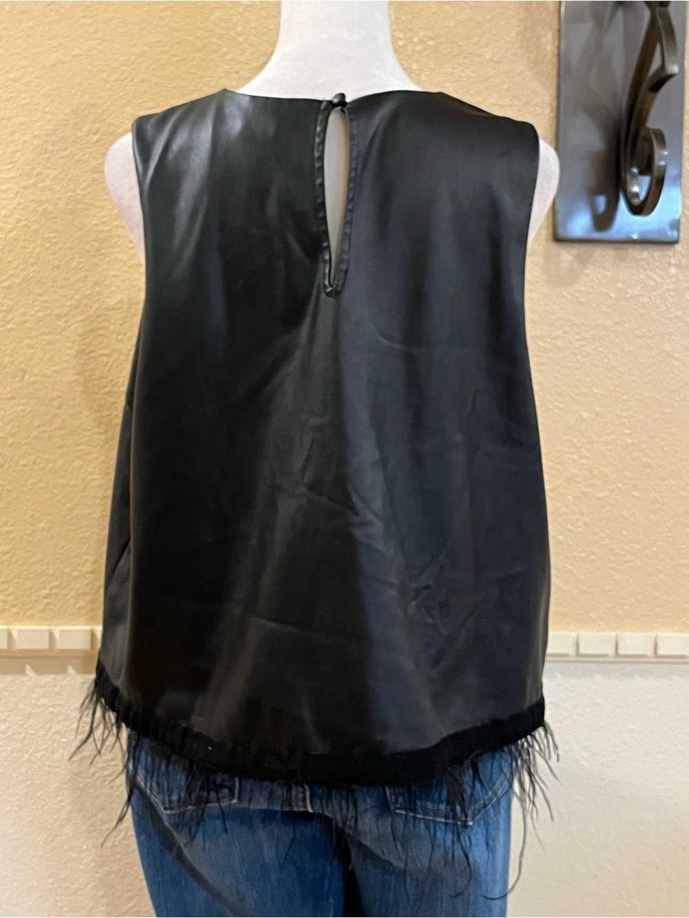 Anthropologie Hutch vegan leather tank top w/ ostrich feathers trim. Black. XL - Picture 5 of 9